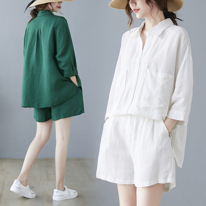 Cotton and Linen Suit for Women 2025 New Summer Loose Large Size Casual Work Shirt Slimming Wide-Leg Shorts Two-Piece Set