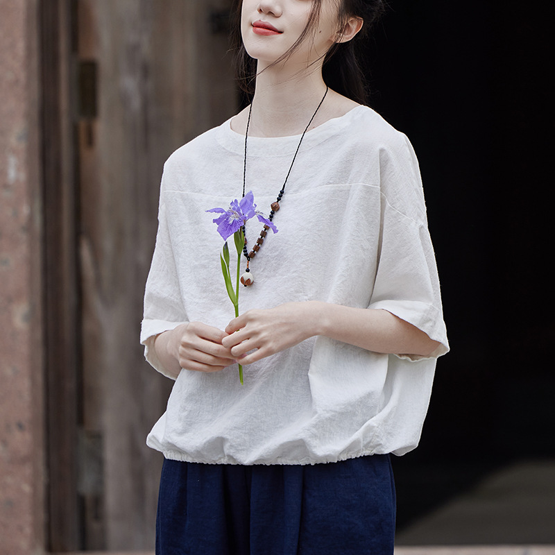 26 Summer Cotton and Linen Women's Clothing Artistic Retro Loose Thin Sand-Washed Round Neck Patchwork Short Sleeve Top Women's Cotton and Linen T-Shirt