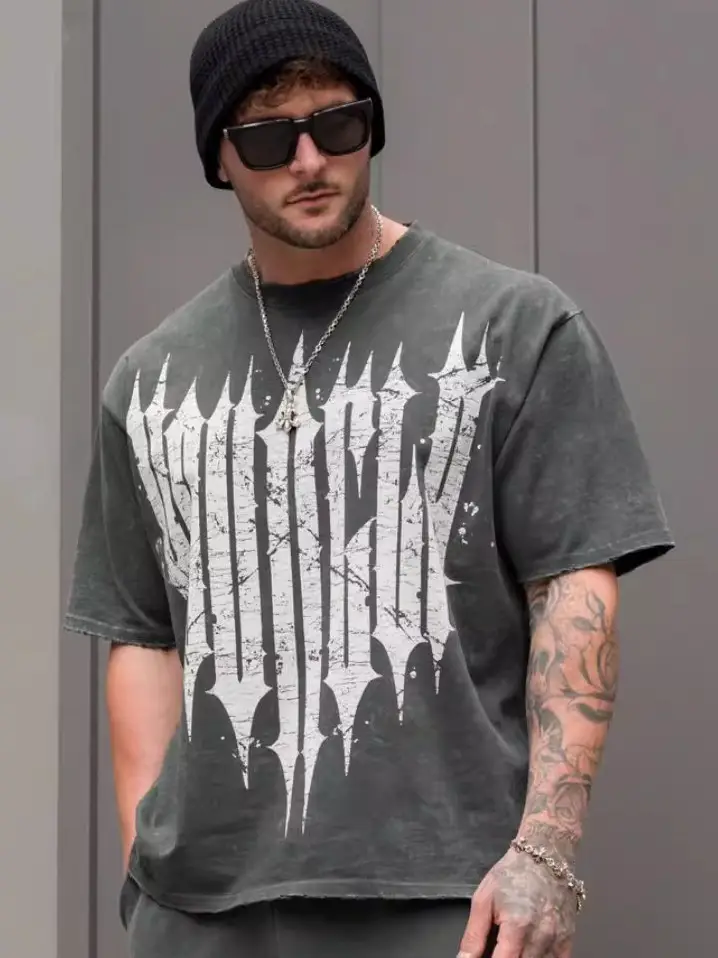 Youngla Summer New Men's Oversized Short-Sleeved American Fashion Trendy Printed Short-Sleeved Sports Fitness T-Shirt