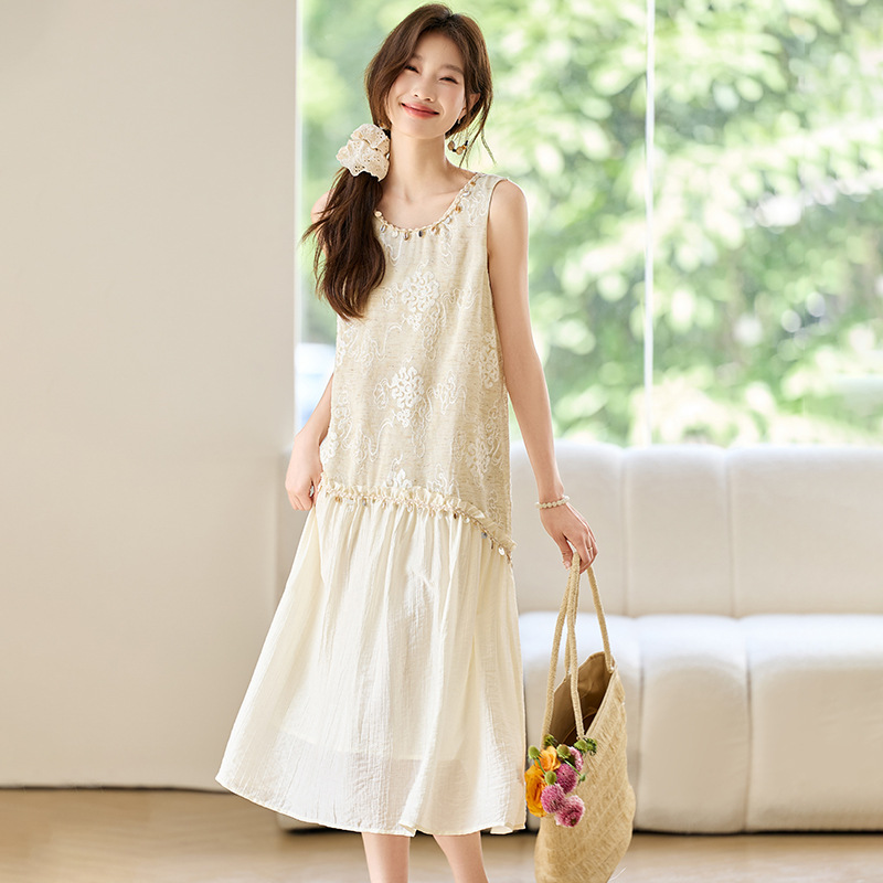 Korean Style 2025 New Summer Loose Elegant Sleeveless Dress Women's Pure Color Slim Long White Vest Dress