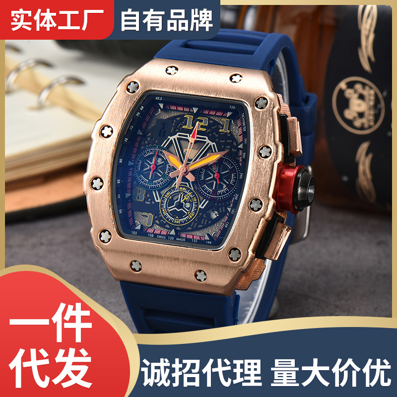 Hengbolong new six-pin multifunctional quartz watch men's wine barrel fashion hollow business calendar watch wholesale