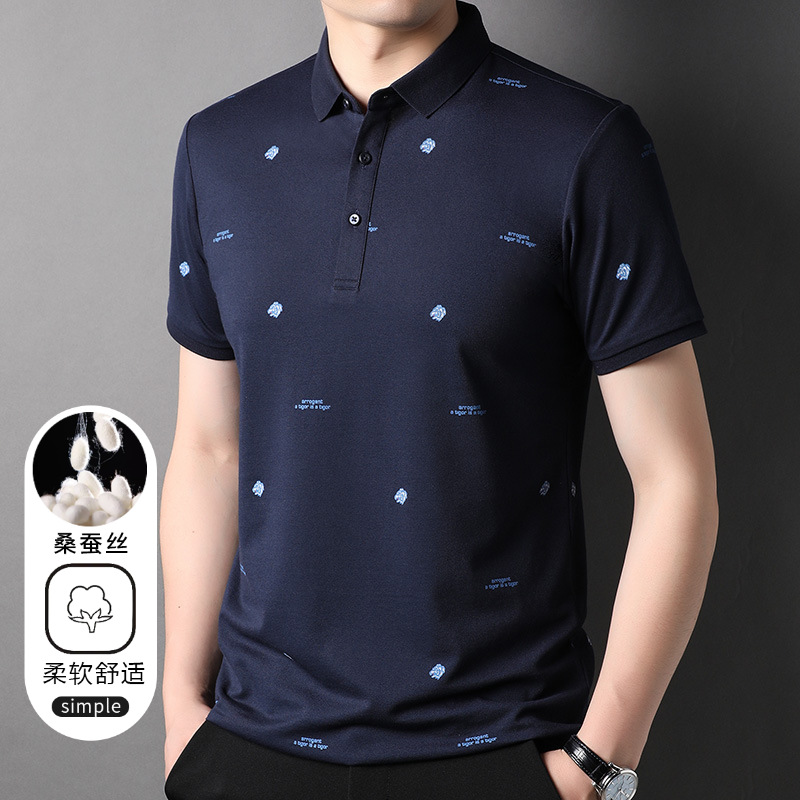 Mulberry Silk Short-sleeved T-shirt Men's Lapel Printed Summer New All-match Ice Silk Young and Middle-aged Polo Shirt Top Thin