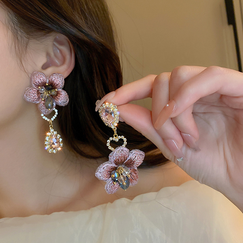 Silver Needle Asymmetrical Diamond Drop Crystal Flower Exaggerated Earrings Accessible Luxury High-End Earrings Earrings Earrings