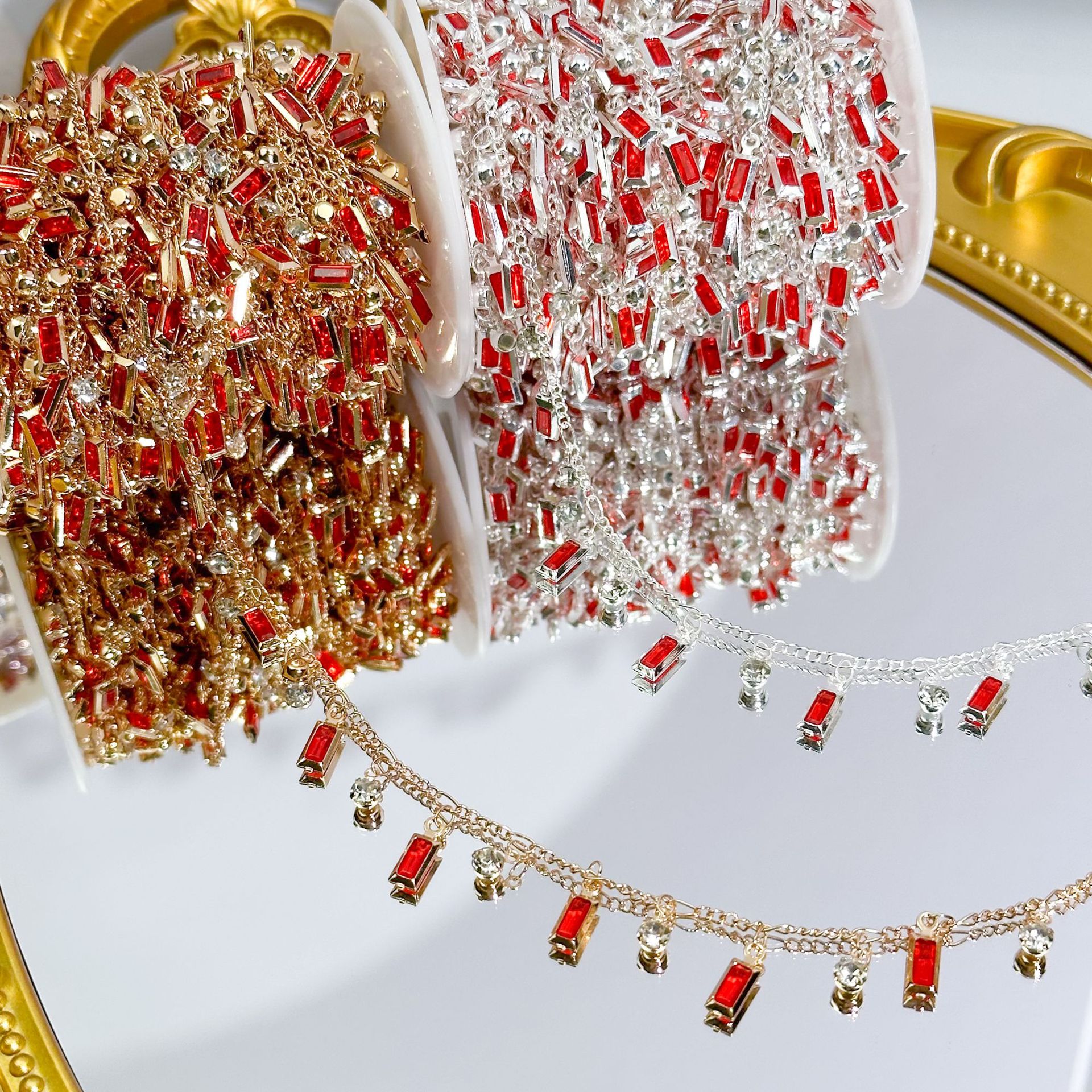 DIY Chain Red Square Crystal Chain Color-Preserving Handmade Chain Antique Style Hair Accessory Materials Clothing Accessories Loose Chain