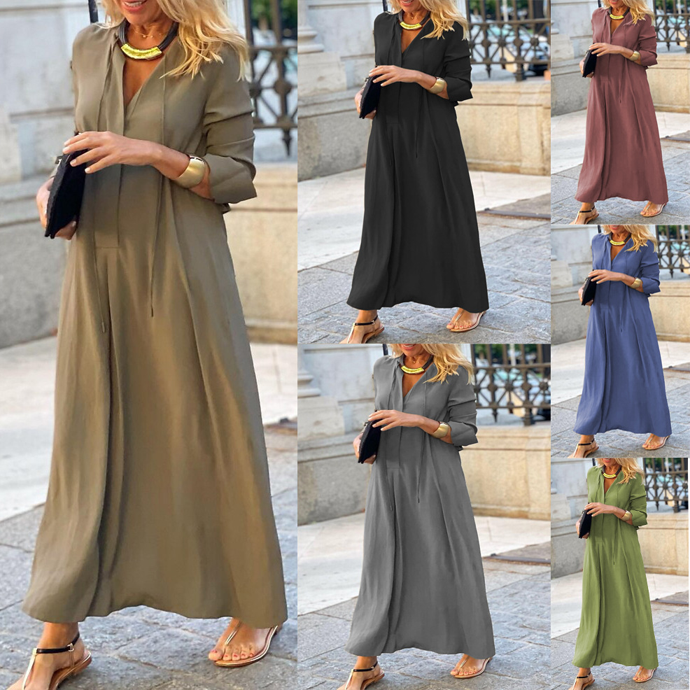 2024 European and American Cross-Border New Large Swing Skirt Pure Color Lapel Long-Sleeved Simple Casual Long Shirt Dress