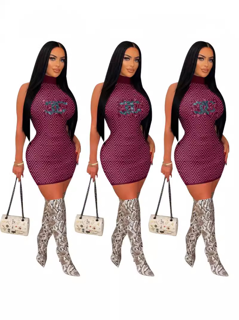 Y71166 Quanzhou European and American women's clothing wholesale cross-border Amazon casual high collar high elastic sleeveless hip dress