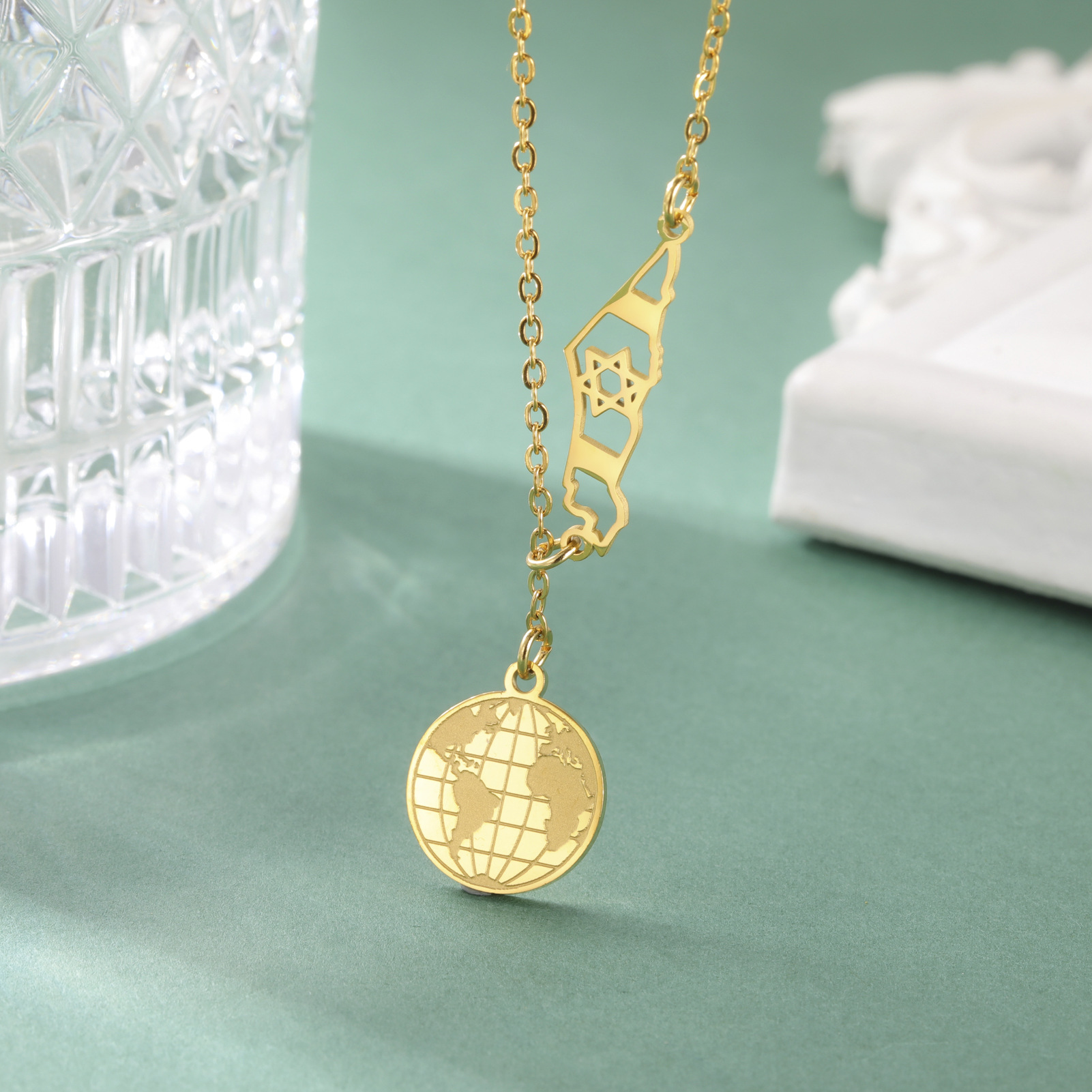 Foreign Trade Export Hot Selling Fashion Simple Titanium Steel Earth Pendant Six-Pointed Star Mountain Pendant Stainless Steel Necklace