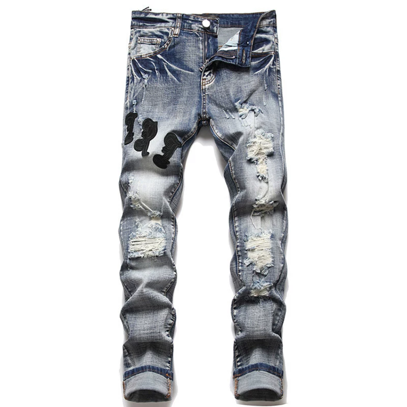 European and American fashion brands, Spring and Autumn beggars, ripped holes, letters, patchwork embroidery, slim fit jeans, men's trendy small feet, foreign trade pants