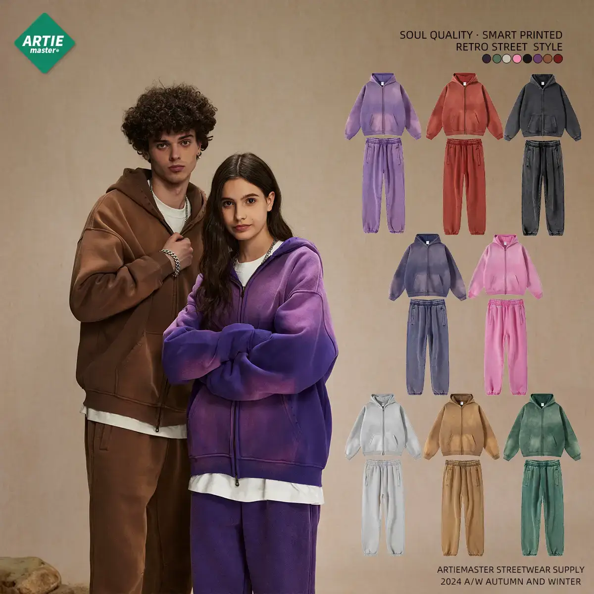 Artie Men's Clothing | 2025 Autumn and Winter Spray Dyed Washed Old Velvet 360g Double-Ended Zipper Men's Sweatshirt Pants Set