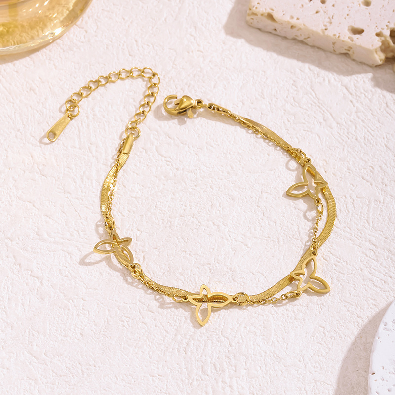 Titanium Steel Washed Color-free Double Layer Bracelet Multiple Hollow Butterfly Ankle Fashion Niche Light Luxury Blade Chain Jewelry