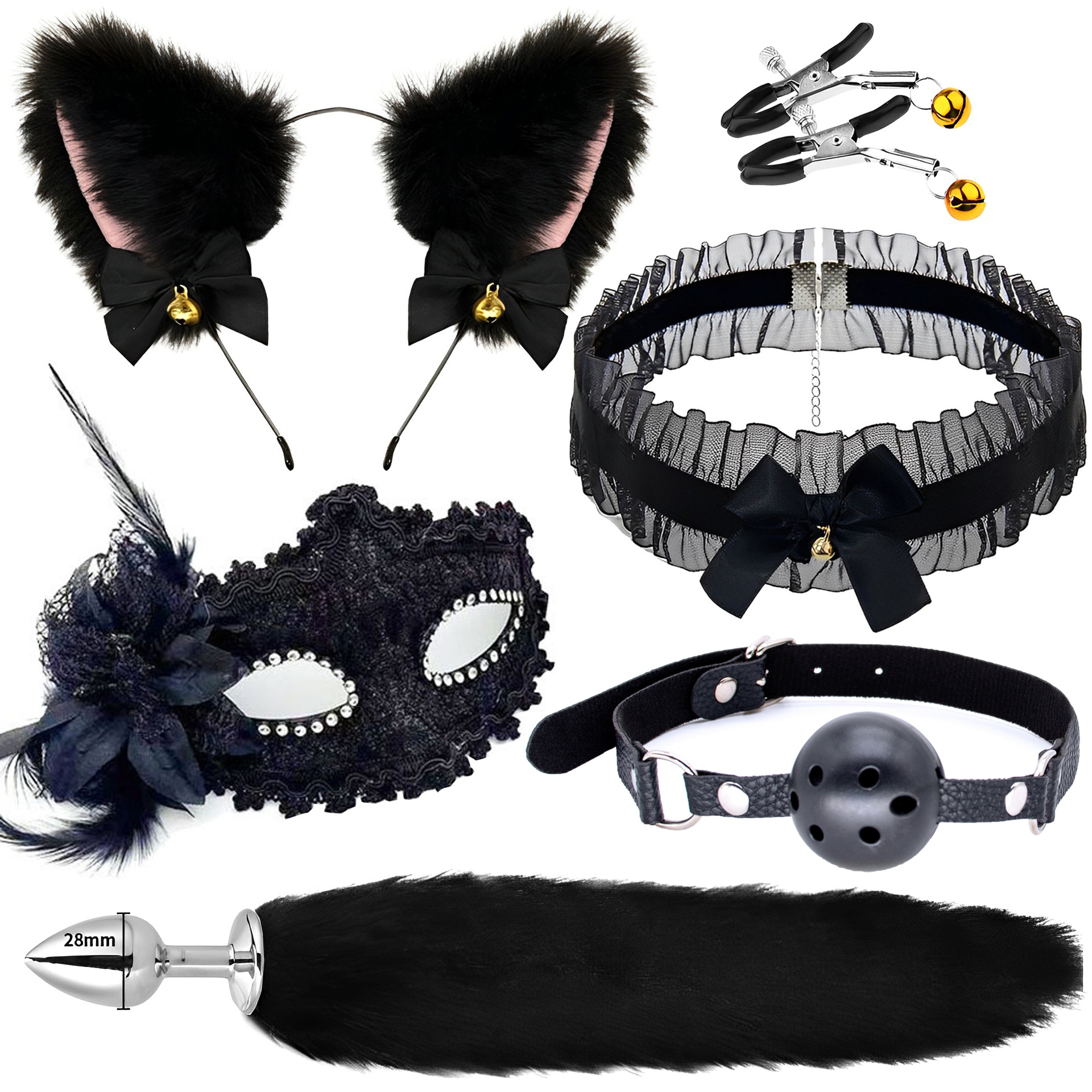 Adult Fun Five-Piece Set Black Cat Ear Lace Eye Mask Dress-Up Mouth Ball sm Metal Anal Plug Fox Tail Hair