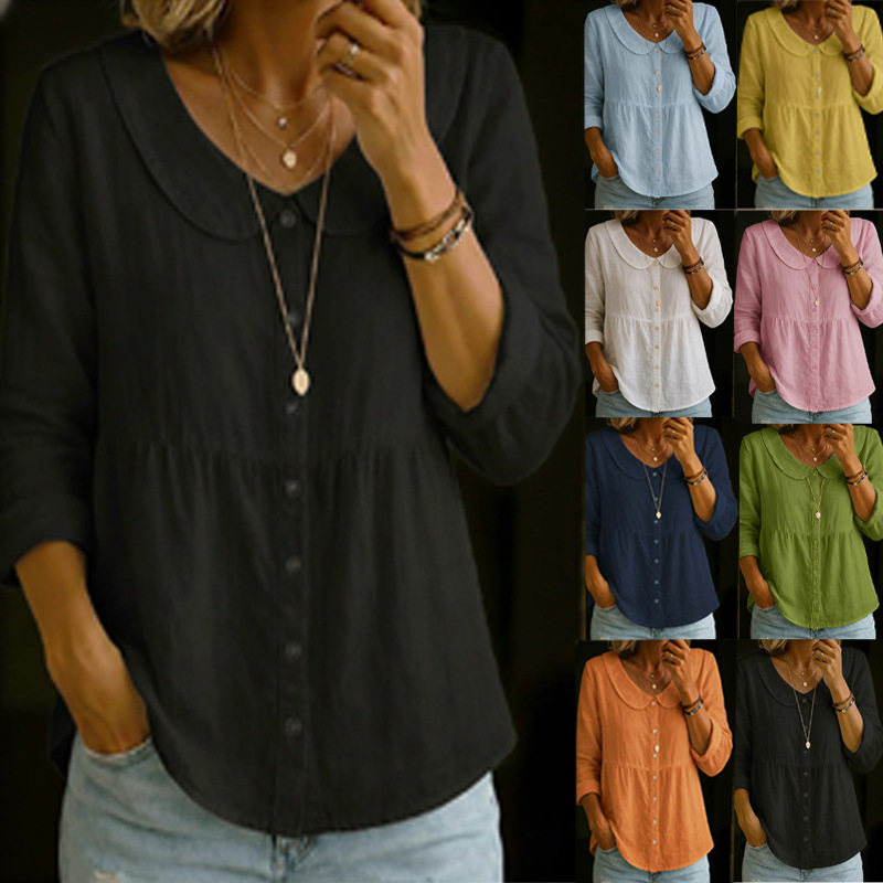 2026 Summer New European and American Style Plain Linen Cotton Shirt for Women, Loose Fit, Slimming, Long Sleeve, Casual Versatile Top