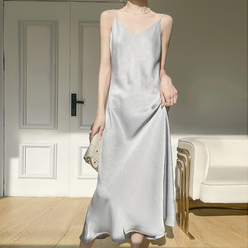 25 Summer New V-neck Sling dress Women's Silk Satin Jacquard Midi Dress Chinese Style High Waist Slimming A- line Dress