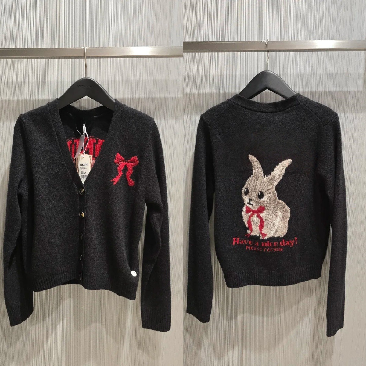 Real Wool! 26 Early Spring New Style Ga Letter Embroidered Rabbit Pattern V-Neck Wool Blend Sweater Knit Cardigan