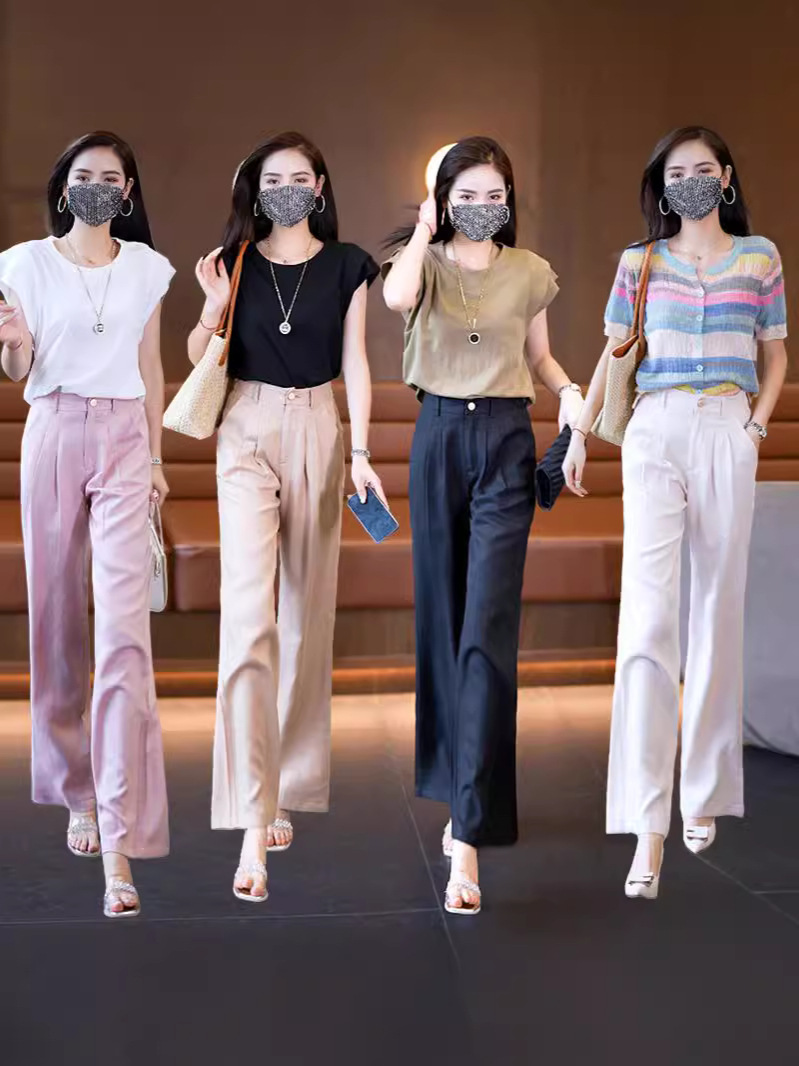 Lazy Tencel Linen Wide-Leg Pants Women's High Waist Dagging Summer Thin Slimming Loose Casual Straight Pants