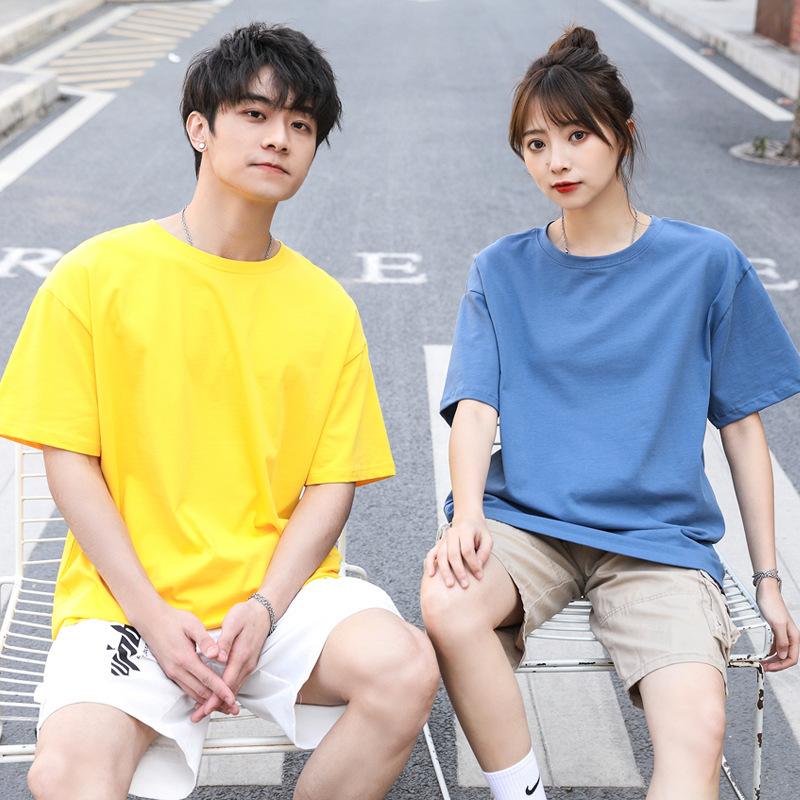 Live Source Internet Popular Color Pure Cotton T-shirt Loose Trend Hong Kong Style Shoulder Short-sleeved T-shirt Class Service T-shirt Printing