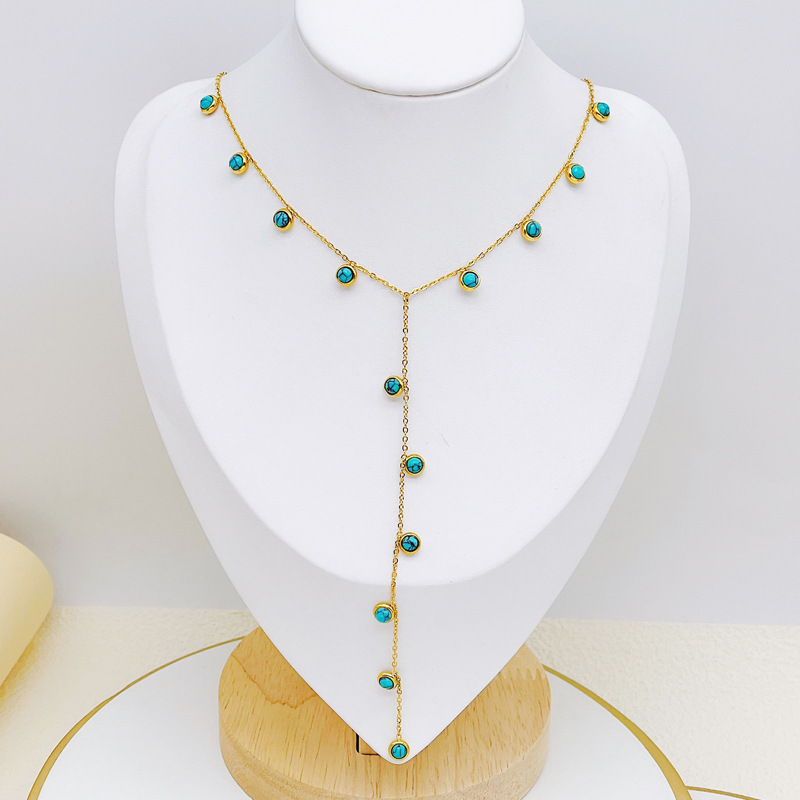 Exquisite and Simple Y-shaped Long Tassel Necklace Turquoise Love Round Diamond Cross Titanium Steel Accessories Love Woolen Chain
