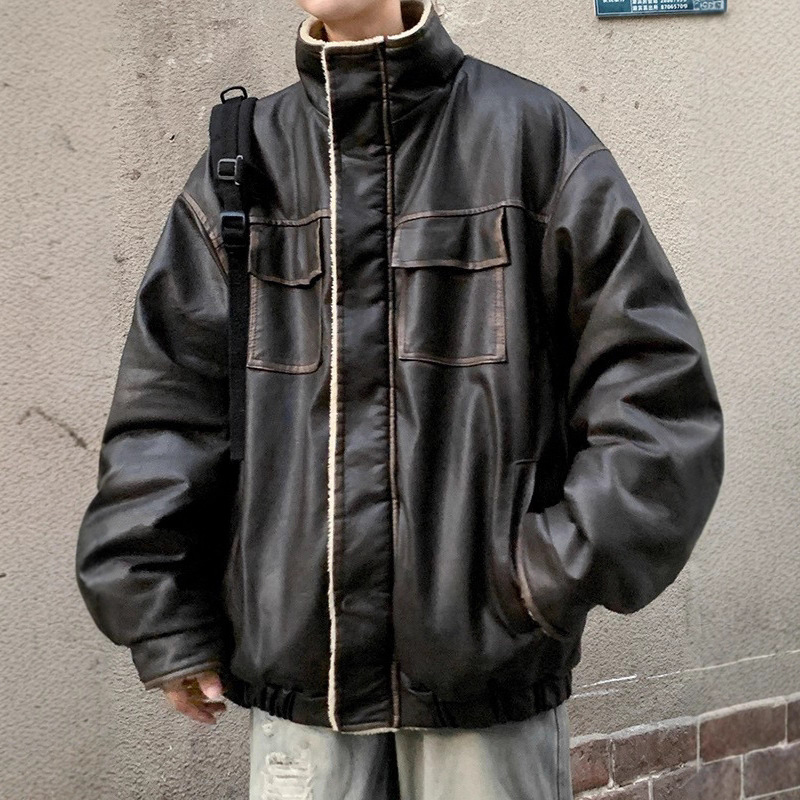 Men's Cotton Jacket, Men's Bomber Jacket, Winter American Retro Cashmere Thickeneded Velvet Motorcycle Handsome Cotton Jacket