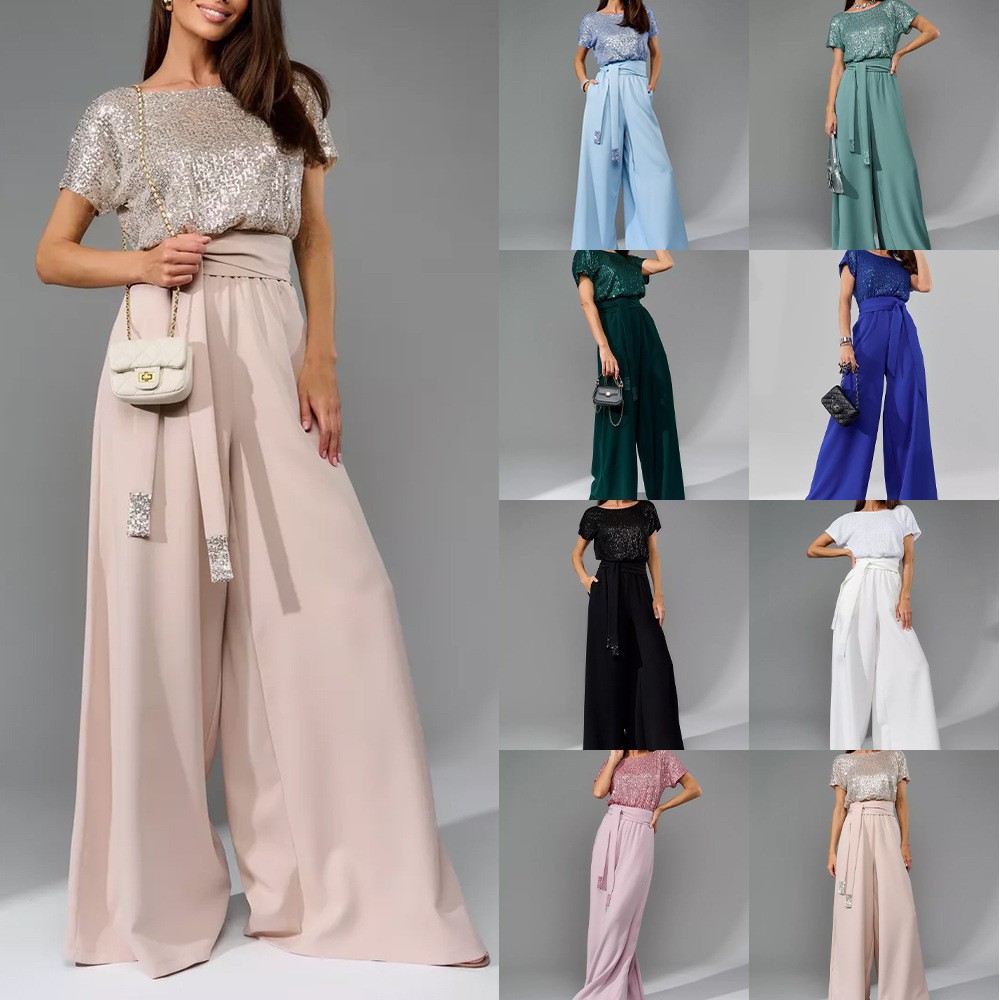 2025 Spring New Cross-Border Amazon Foreign Trade European and American Sequin Fashion Short-Sleeve Casual Jumpsuit Pants