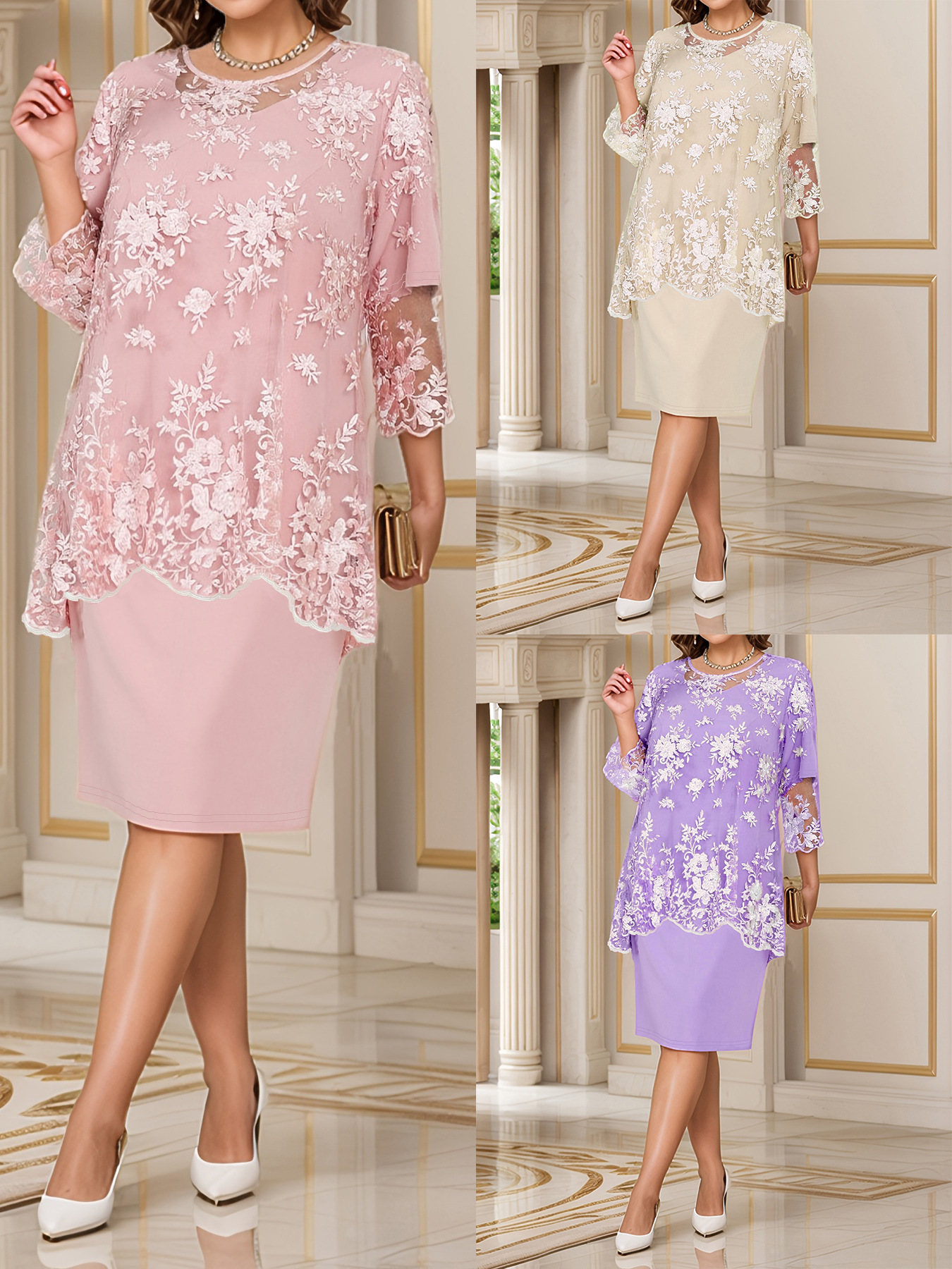 2025 spring and summer Europe and the United States new cross-border Amazon elegant women's evening dress lace fake two-piece dress women