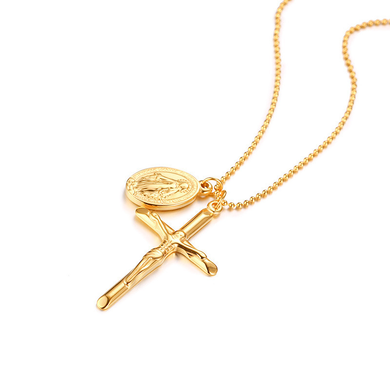 Virgin Cross Necklace Women's Personalized High-End Cold Style Clavicle Chain European and American Cross-Border Gold Coin Pendant