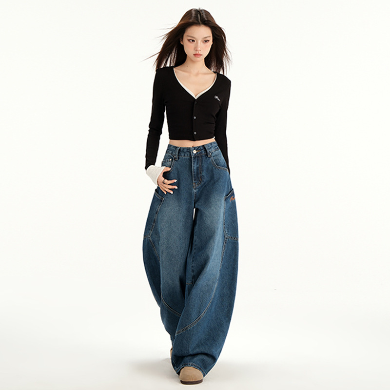 mali & American Retro | Machete Denim | Letter Embroidery | Spliced Loose Wide Leg Denim Pants