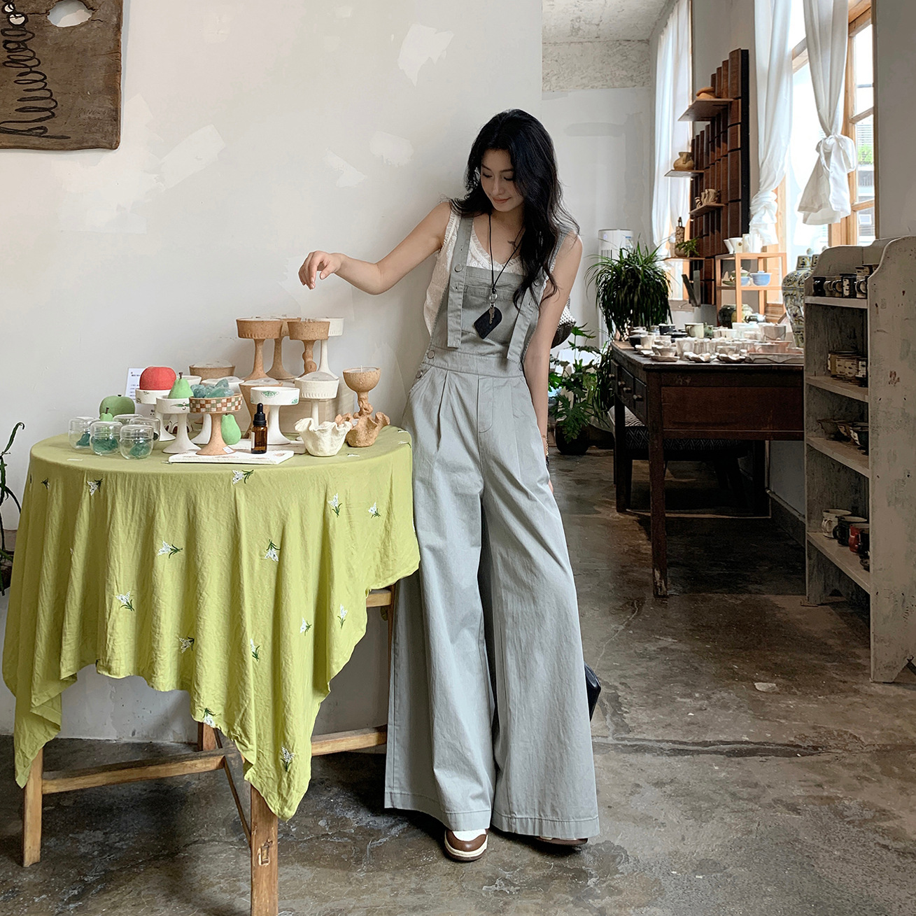 2025 Summer New Style Korean-Style Gray One-Piece Workwear Casual Overalls Loose Wide-Leg Pants for Women Light Gray Regular Fit