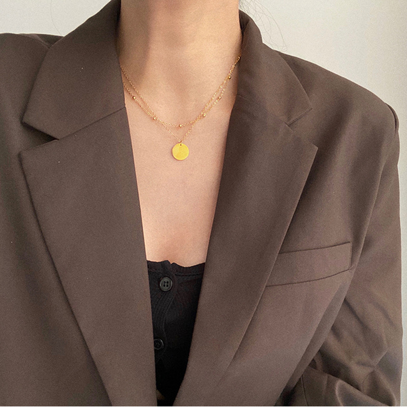 Fashionable Double-Layer Round Bead Disc Necklace for Women Niche Design Light Luxury Coin Pendant Clavicle Chain Wholesale