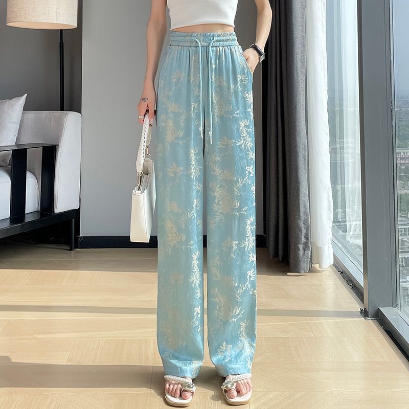 Ice Silk Wide-Leg Pants for Women 2025 New Summer Thin High-Waisted Slimming Drape Narrow Version Satin Printed Straight Pants