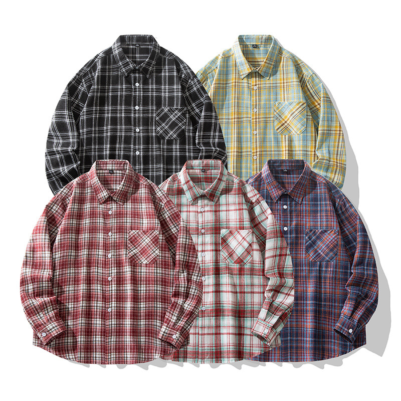 Autumn high quality 2024 New Men's Classic Plaid Shirt Loose Lapel Japanese Retro All-match Casual Lining