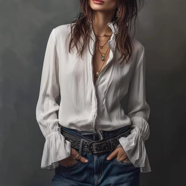 European and American Cross-Border Amazon Loose Fashion Long-Sleeve Zip-Up Solid Color Round-Neck Women's Top Shirt Style Casual Versatile