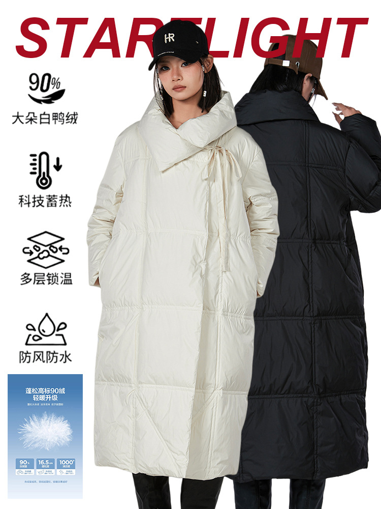 New Winter 90% White Duck down Long Over-The-Knee Women's Turn-Down Collar down Jacket with Magnetic Warmth, Loose Fit Puffer Coat