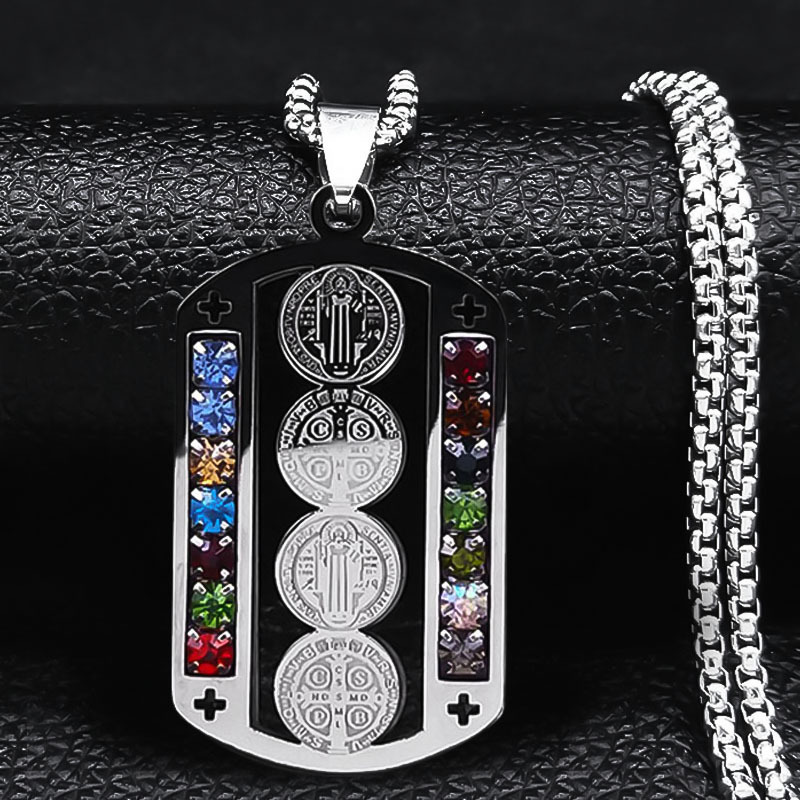 Stainless steel St Benedict medal pendant jewelry cross-border new hip hop round coin diamond necklace