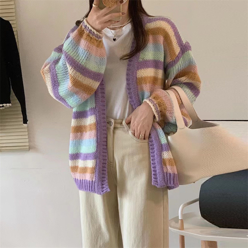 Lazy Style Rainbow Striped Knitwear Women's Cardigan 2025 Autum Korean New Loose Contrasting Color Knitwear Jacket