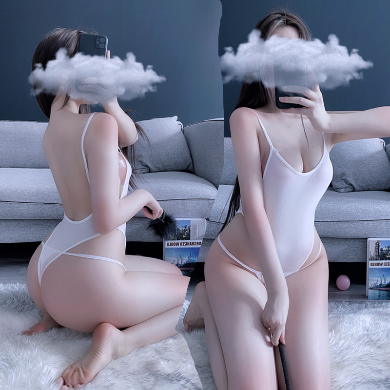 Foreign Trade Erotic Lingerie Open-Crotch No-High-Slit One-Piece Swimsuit Thin Transparent Ice Silk Bodysuit Cute Girl Style
