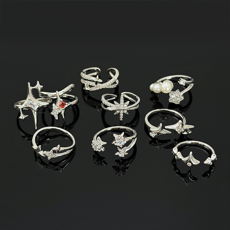 High-Appearance Value Zircon-Encrusted Shell Pearl Five-Pointed Star Open Ring, Ins-Style Korean Version, Stackable Niche Design Ring for Women