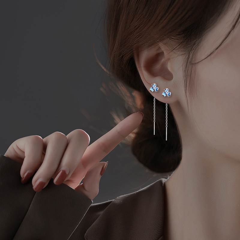 Blue Iris Flower Ear Threader 2026 New Style Elegant High-End Floral Ear Chain Clover Zircon Tassel Earrings