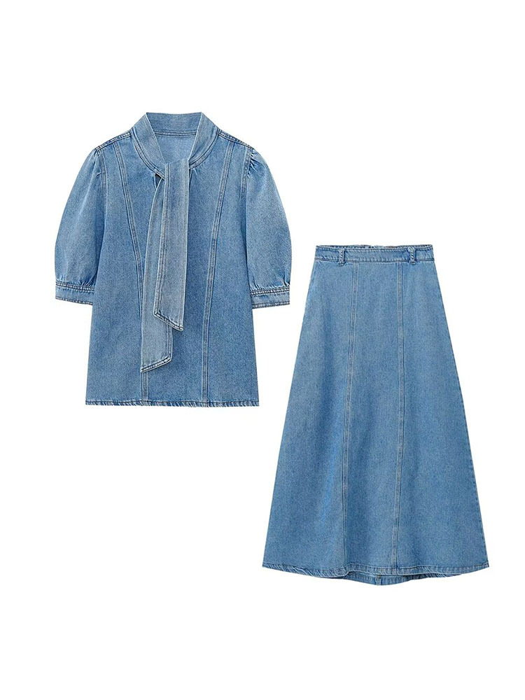 Zatrax-24 Autumn New Arrival Bow Denim Shirt Denim Cape Dress Women's Chic Denim suit