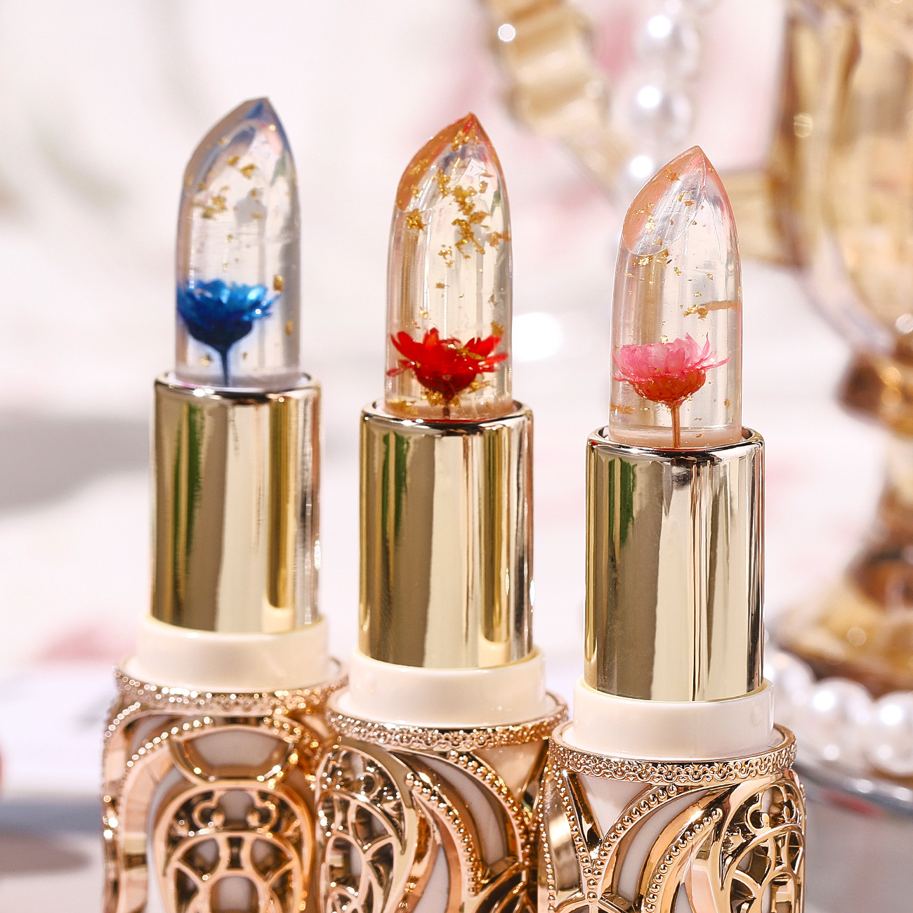 Hih Petal Jelly Color-Changing Lipstick Gold Foil Carved Moisturizing Non-Stick Cup Temperature-Changing Thousand-Color Silky Lipstick Can Be Customized