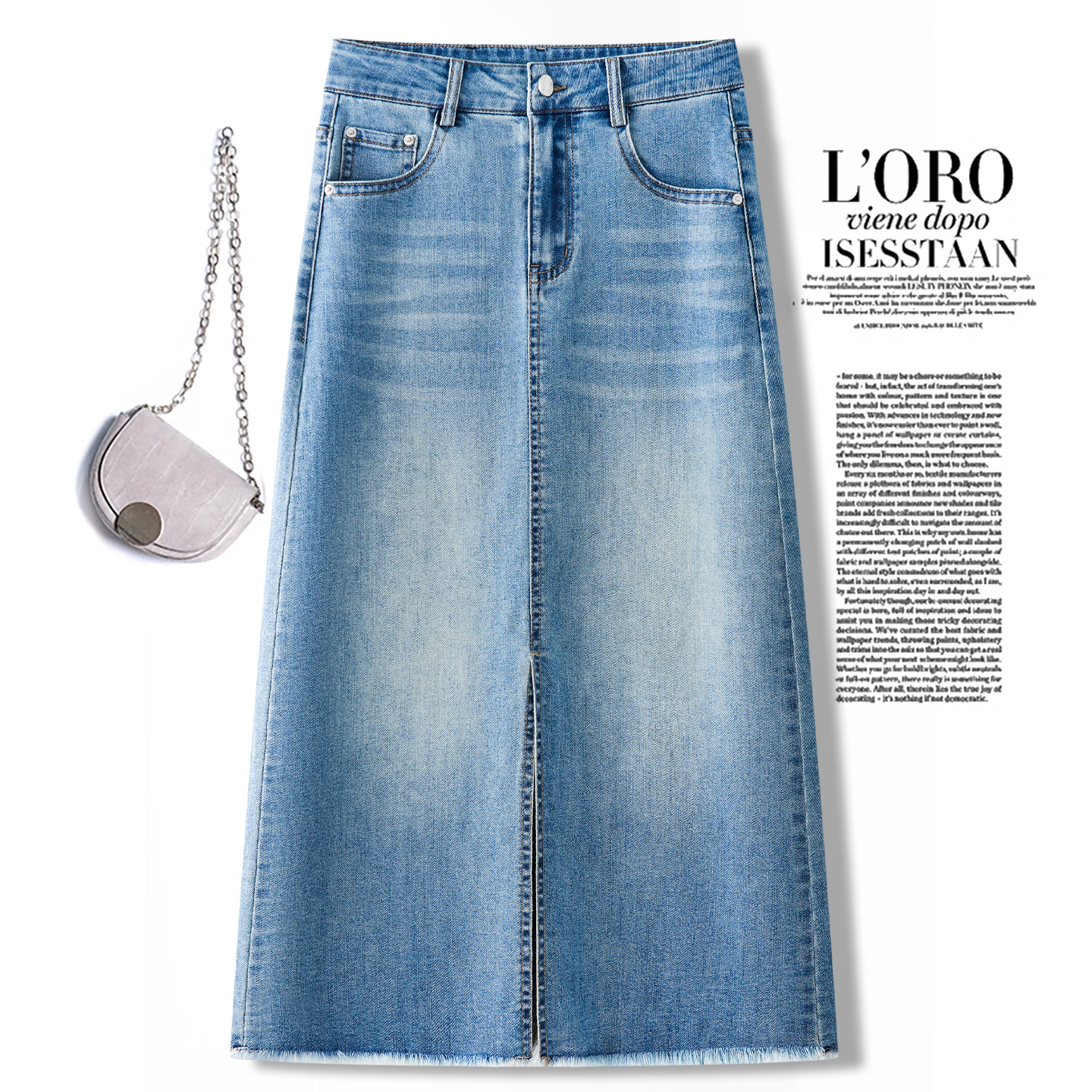 Denim Style High-Waisted Mid-Length Skirt for Women 2026 Summer New Style Slit Straight Skirt for Petite Women with Frayed Edges