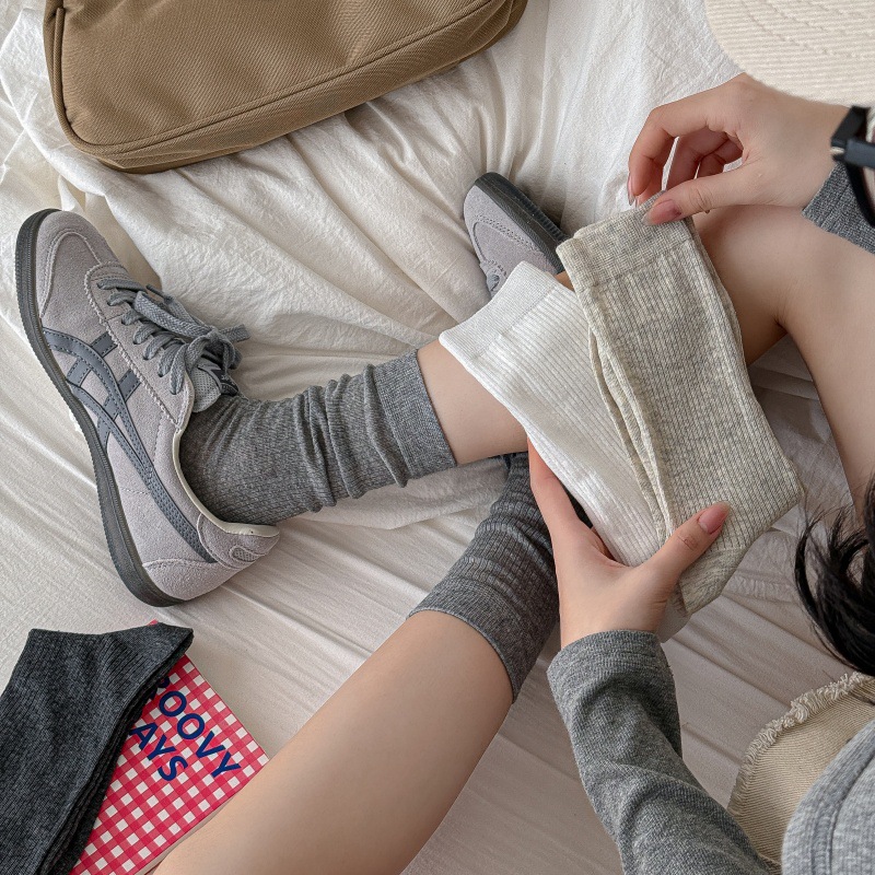 Pile Socks for Women Spring and Summer Vertical Strip Breathable Mid-Calf Socks Boneless Versatile Pure Color Pile Socks Korean Style Pure Cotton Women's Socks Miu