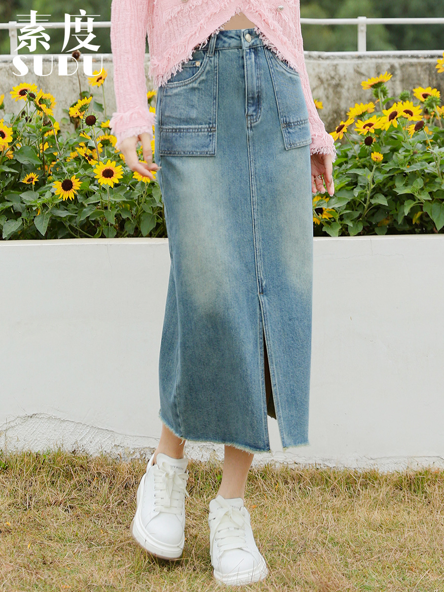 Plain new front slit mid-length denim skirt loose small type a front pocket patch bag skirt fashion tube skirt