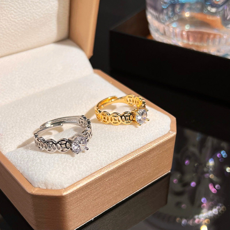 Bring in Wealth and Treasure Coin Ring Women's Light Luxury Niche Opening Adjustable Ring Fashionable Versatile Exquisite Zircon Hand Jewelry Wholesale