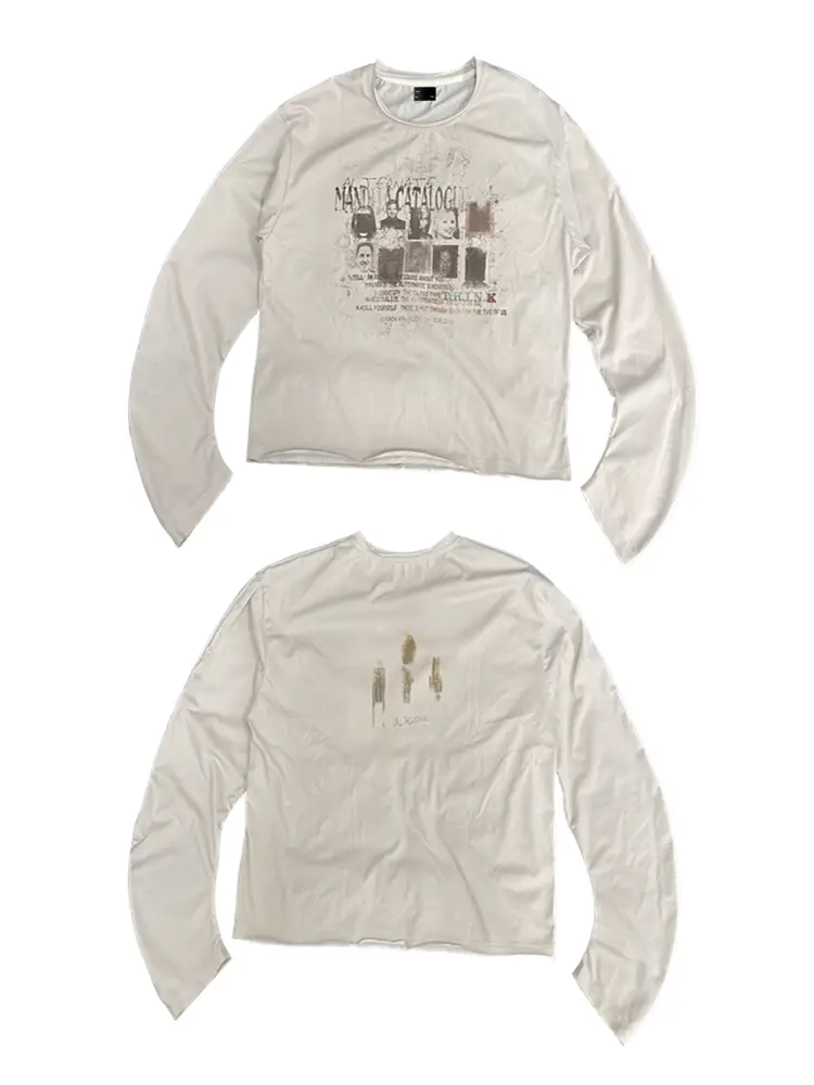 Wanna Lab "Pseudo-Man" Print Short Wide Scimitar Vintage Thin Style Long sleeves T-Shirt Unisex Rock Punk Short Wide
