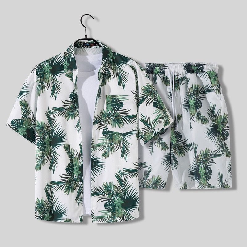 Short-sleeved shirt men's casual suit trendy summer beach Emerald Hawaiian couple's shirt sports shorts