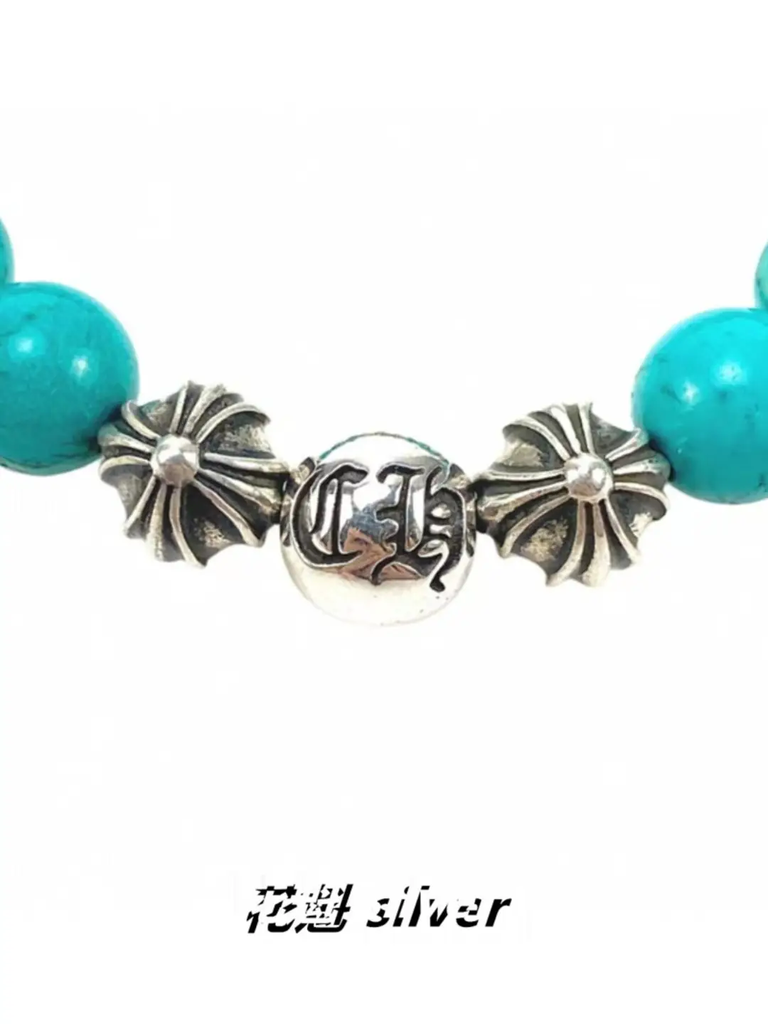 Huakui Silver 925 Sterling Silver Retro Real Natural Turquoise Cross Solid Eight Sliver Beads Bracelet for Men and Women