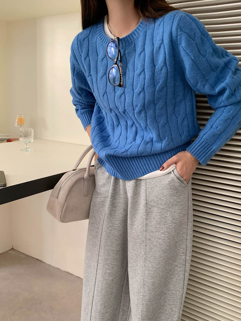 Clothing Paradise Blue Lazy Soft Waxy Twist Sweater Women's Korean-style Gentle Round Neck Slim-fit Short Sweater