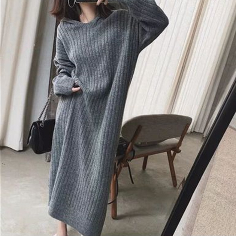 2026 Autumn and Winter New Korean Style Loose and Lazy Hooded Knitwear Over-The-Knee Sweater Dress for Women Long Style