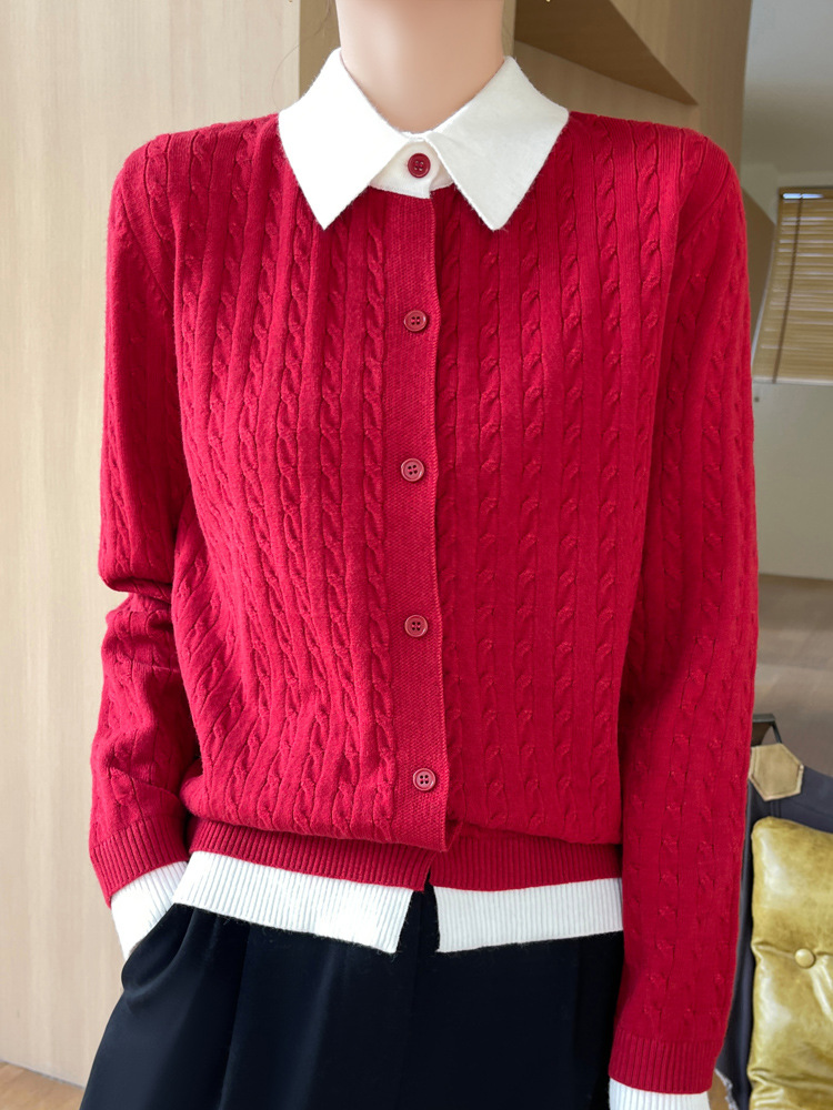 Spliced lapel fake two-piece knitted cardigan women's spring and autumn new loose twist sweater coat coat foreign trade supply