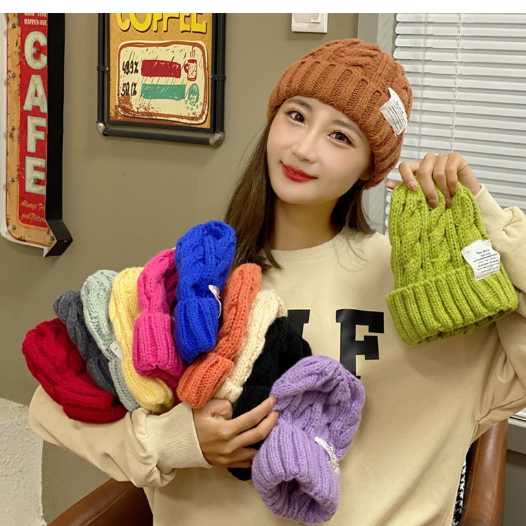 Hat hemp pattern patch couple's wool hat women's autumn and winter fashion warm Korean ins ear protection knitted hat tide